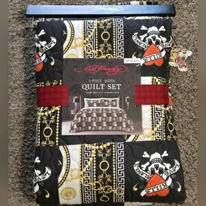 QUEEN Ed Hardy 3 Pc Quilt Set Y2K Tattoo Flash Comforter Blanket